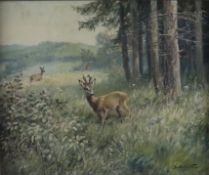 Scholz, Richard (1860-Hannover-1939) - Rehe auf einer Wiese am Waldrand, Öl auf Leinwand, rechts un