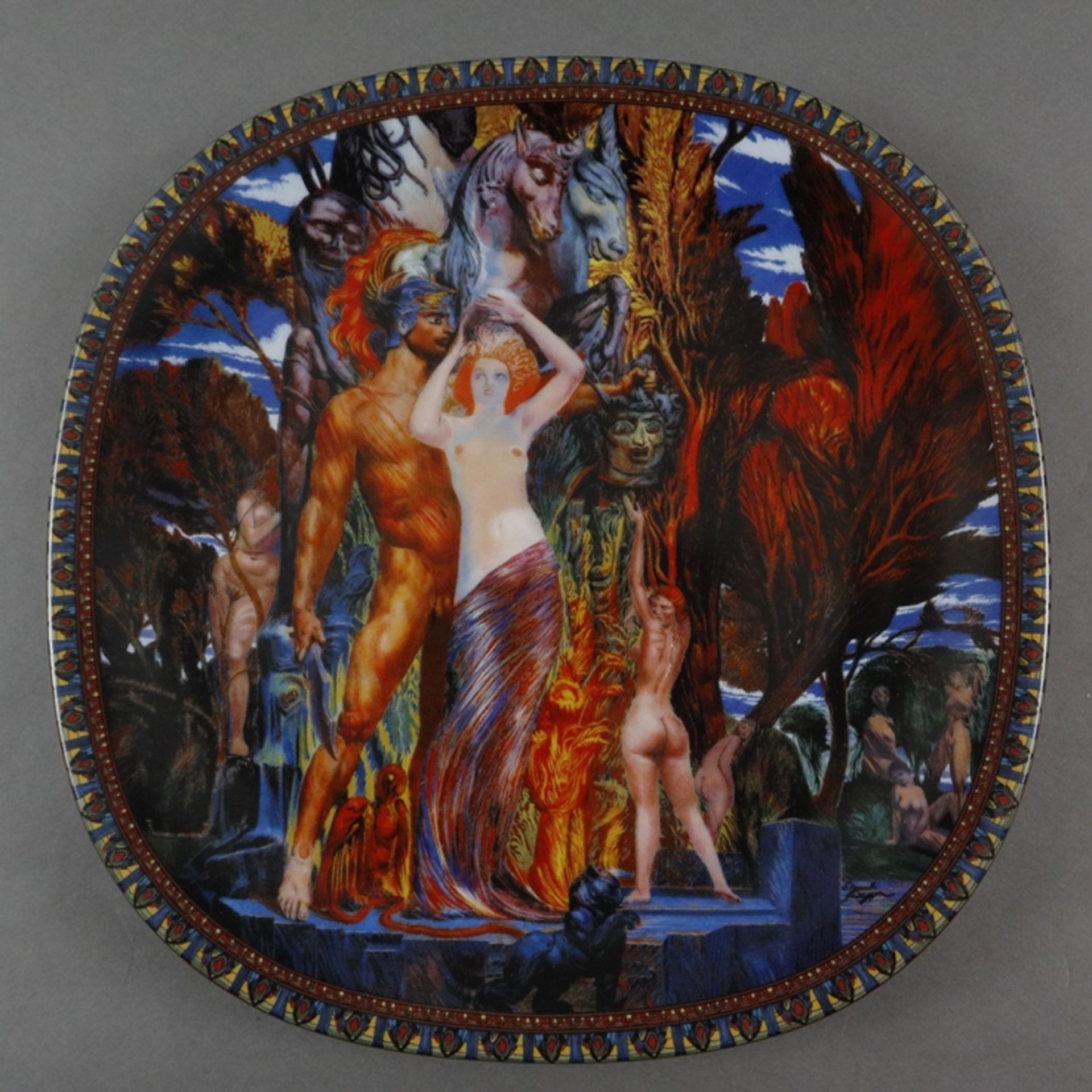 Drei Künstlerteller - 20. Jh., Porzellan, 2x farbige Motive nach Ernst Fuchs: "Adam und Eva" und "A - Bild 5 aus 8