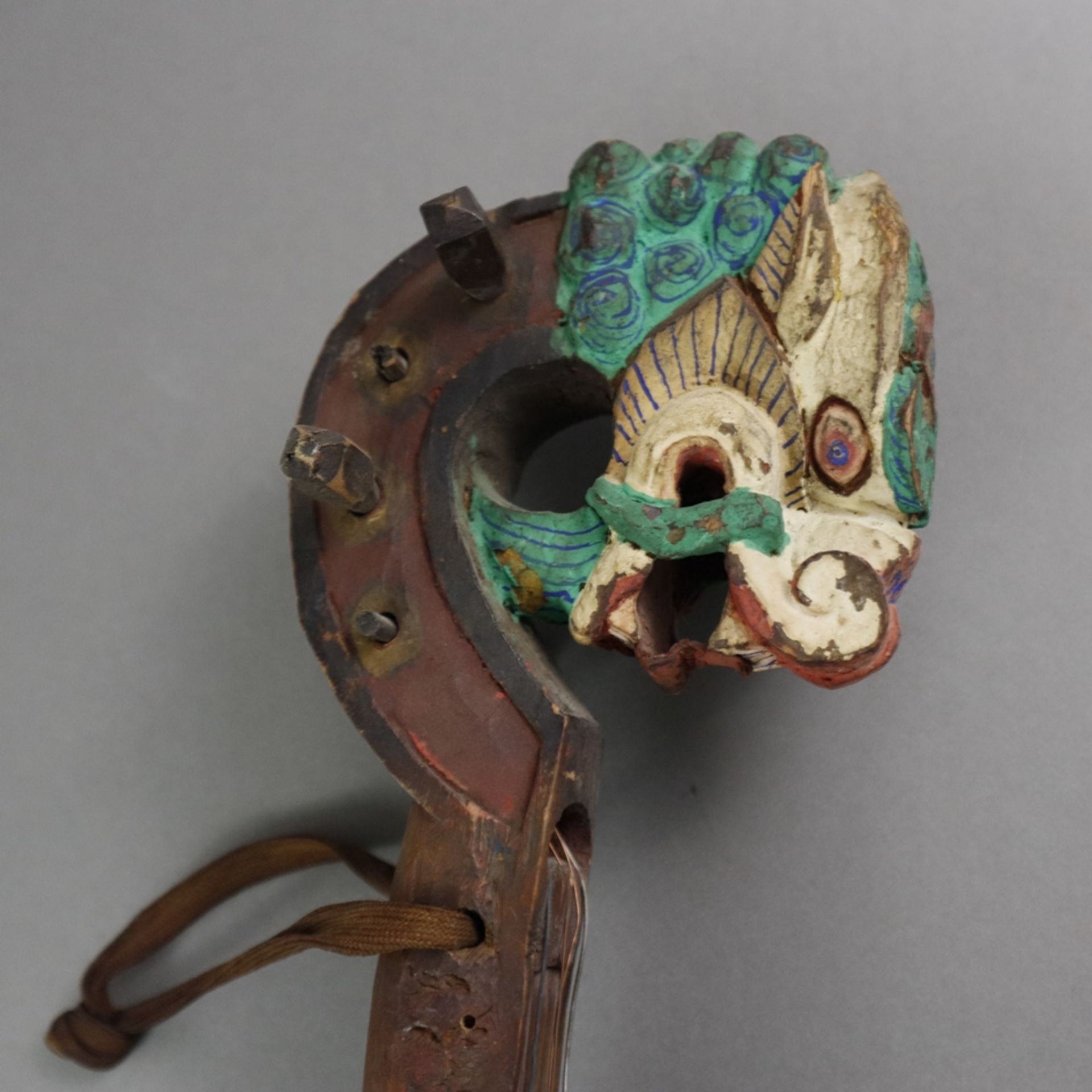 Tibetanische Laute mit Drachenkopf - 19.Jh./um 1900, Saiteninstrument, Holzkorpus, ornamental besch - Bild 3 aus 8