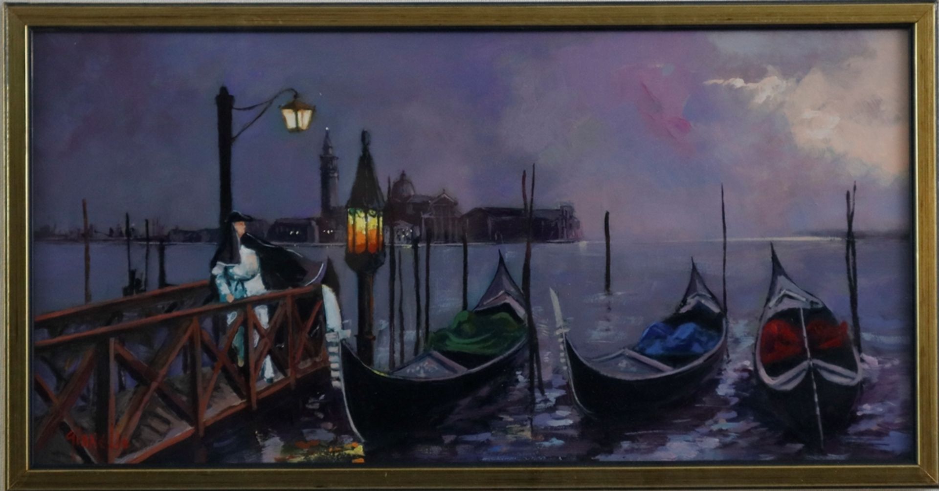 Gianello, Mario (* 1935 in Bologna) - Venezianische Gondeln in sanftem Abendlicht, auf dem von Late