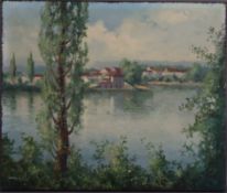 Jereczek, Christian (1935 Berlin-2003 Heideck) - Blick über ein Gewässer auf ein südländisches Dorf