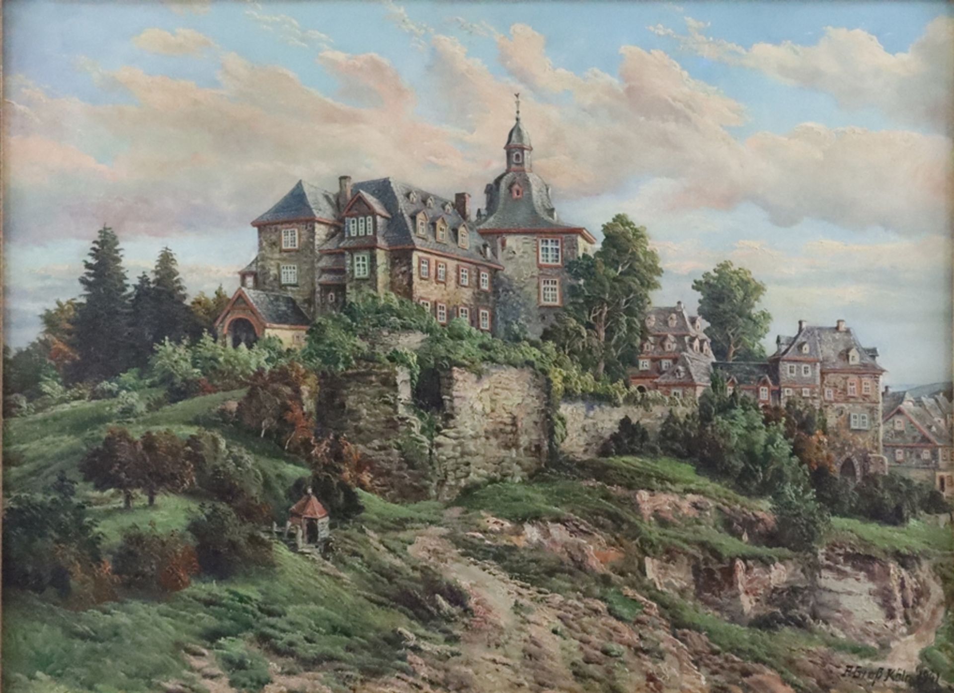 Groß, F. (20. Jh.) - Blick auf das Obere Schloss in Siegen, Öl auf Platte, unten rechts signiert, o