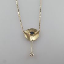 Design-Anhänger mit Kette - Gelbgold 585/000 (14K), ausgefallener Anhänger besetzt mit 1 kleinen bl