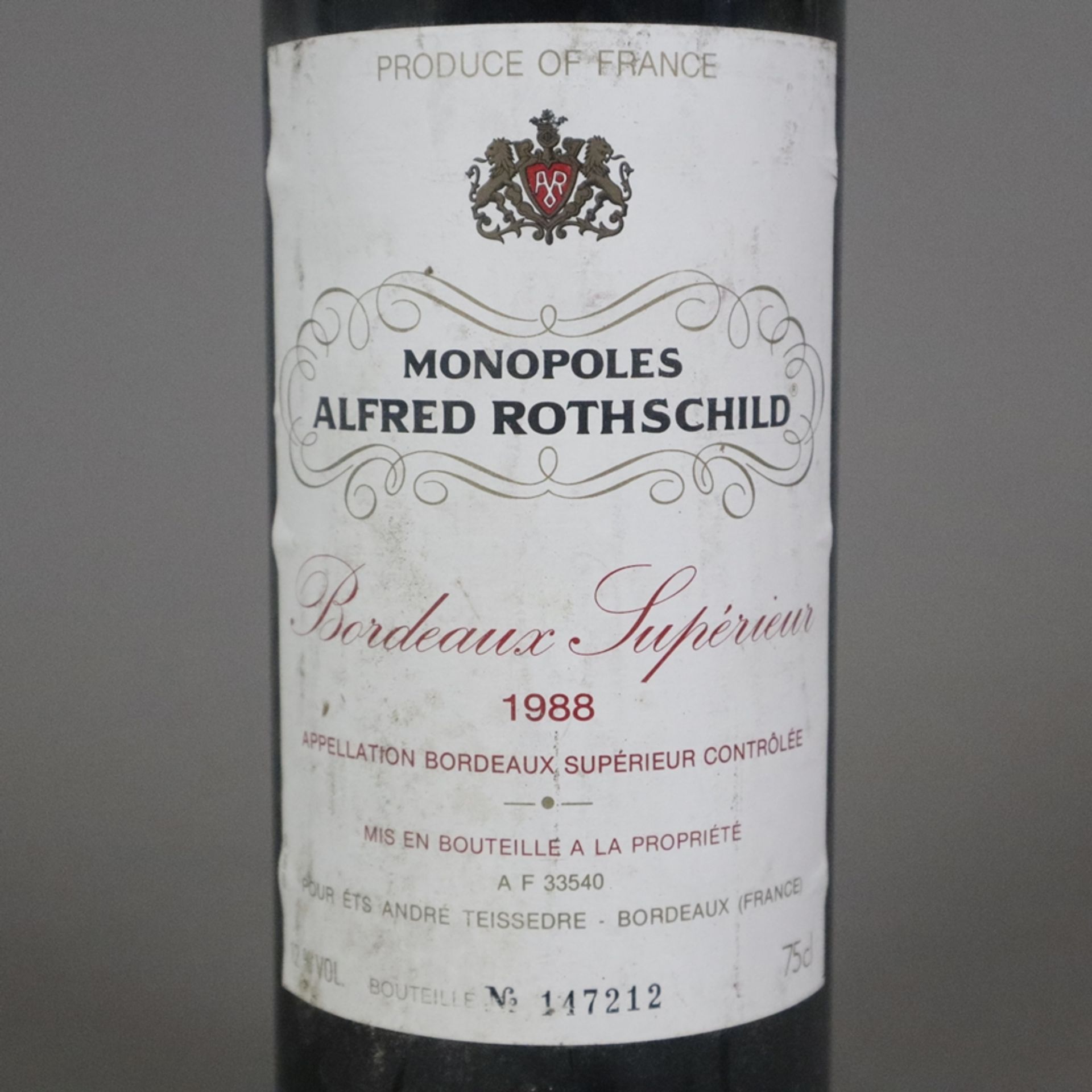 Wein - 1988 Monopoles Alfred Rothschild, Bordeaux Supérieur, France, Füllstand: Top Shoulder, 750 m - Image 3 of 5