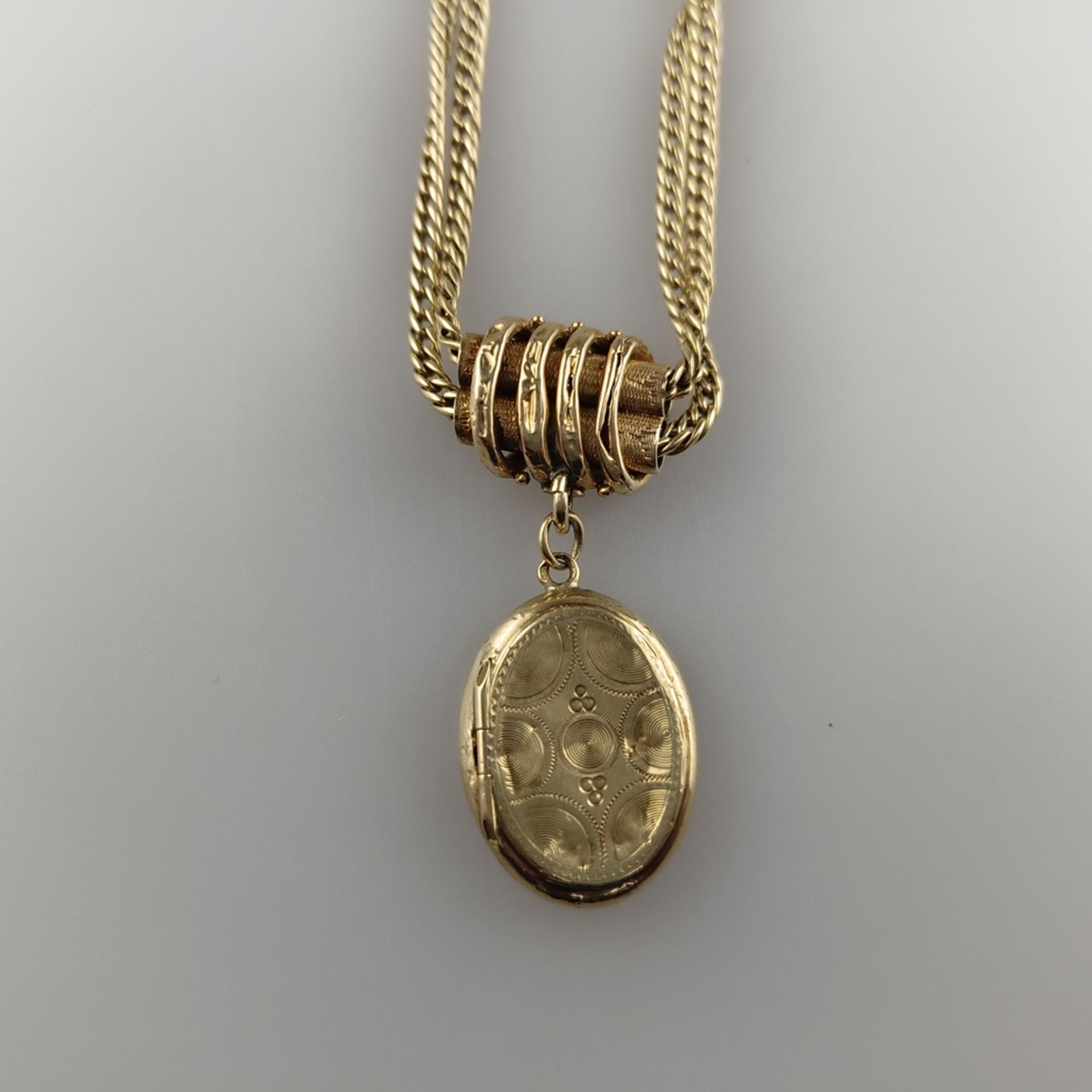 Taschenuhren-Knebelkette - 14K Gelbgold (585/000), mit ovalem Medaillonanhänger aus Schaumgold, L.  - Bild 5 aus 5