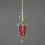 Jugendstil-Deckenlampe - um 1900, Messinggestell mit roséfarbenem originalem Glaseinsatz, 1-flammig
