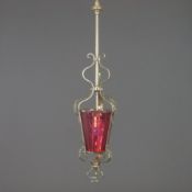 Jugendstil-Deckenlampe - um 1900, Messinggestell mit roséfarbenem originalem Glaseinsatz, 1-flammig