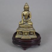 Buddha Shakyamuni - Indien, Gelbbronze, auf gestuftem mit Elefanten und Drachen verziertem Sockel u