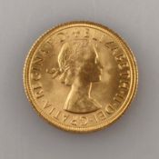 Goldmünze Sovereign 1958 - Großbritannien, Elisabeth II, Revers: Hl. Georg als Drachentöter, gestem