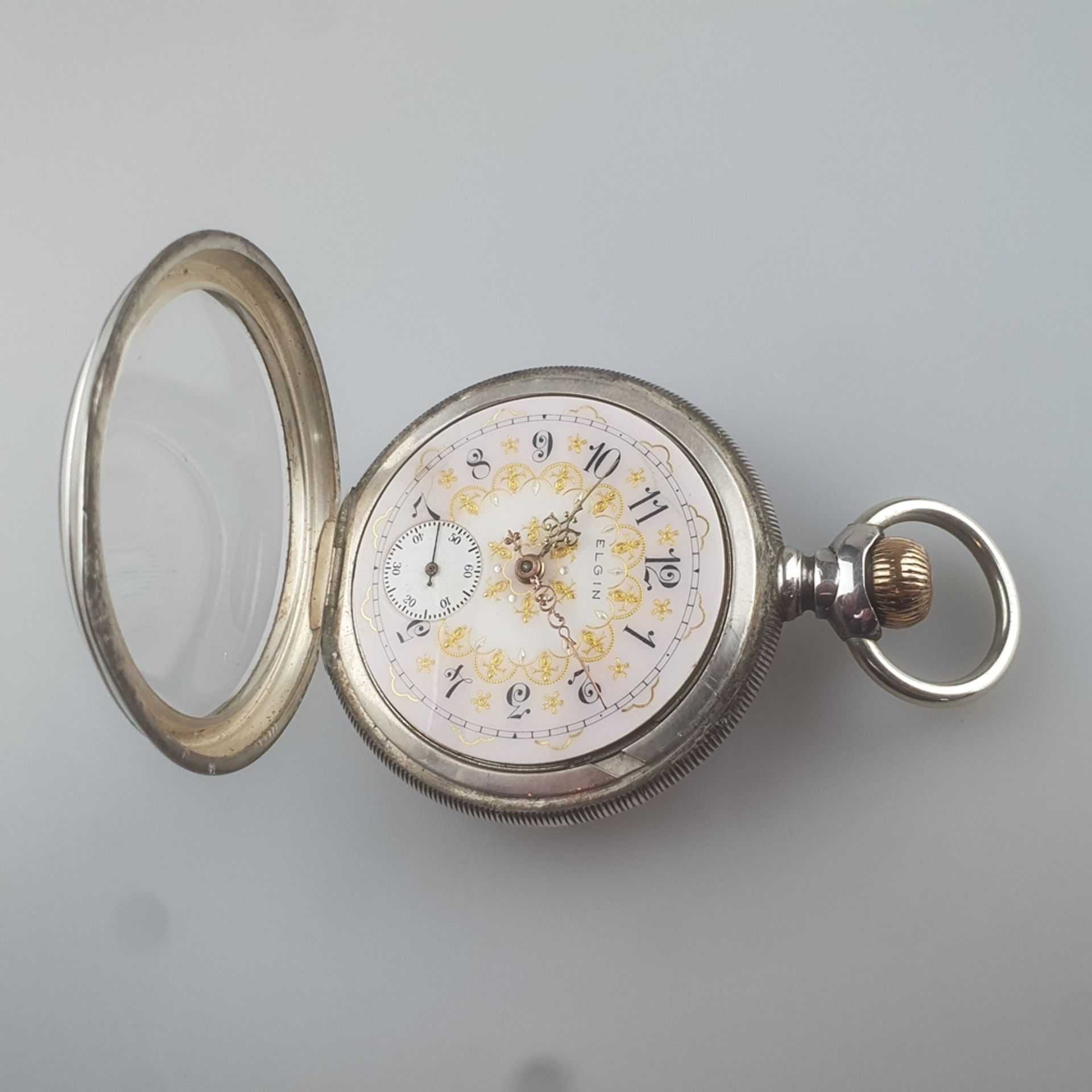 Taschenuhr - Elgin National Watch & Co./ USA, Anfang 20. Jh., Silbergehäuse, Emailzifferblatt mit p - Image 3 of 6