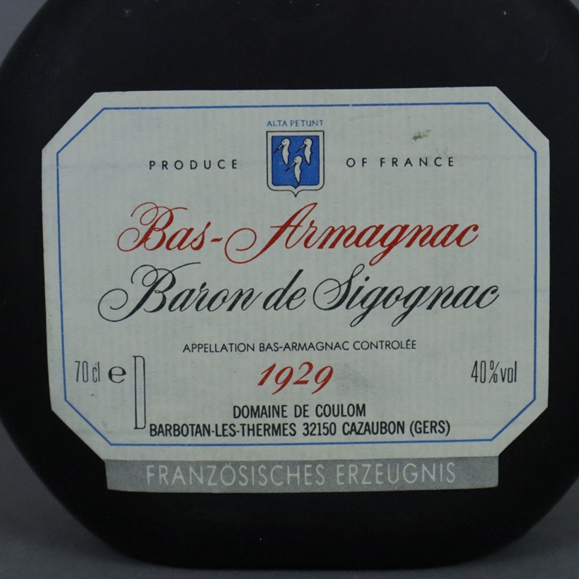Armagnac - Baron de Sigognac, 1929, Domain de Coulom, France, 70 cl, 40%, Füllstand: Upper Mid Shou - Bild 4 aus 5