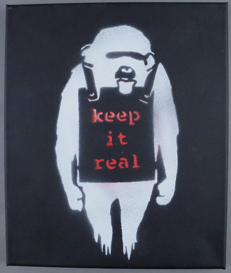 Banksy - "Dismal Canvas" mit Motiv "Keep it Real", 2015, Souvenir aus der Ausstellung "Dismaland" i