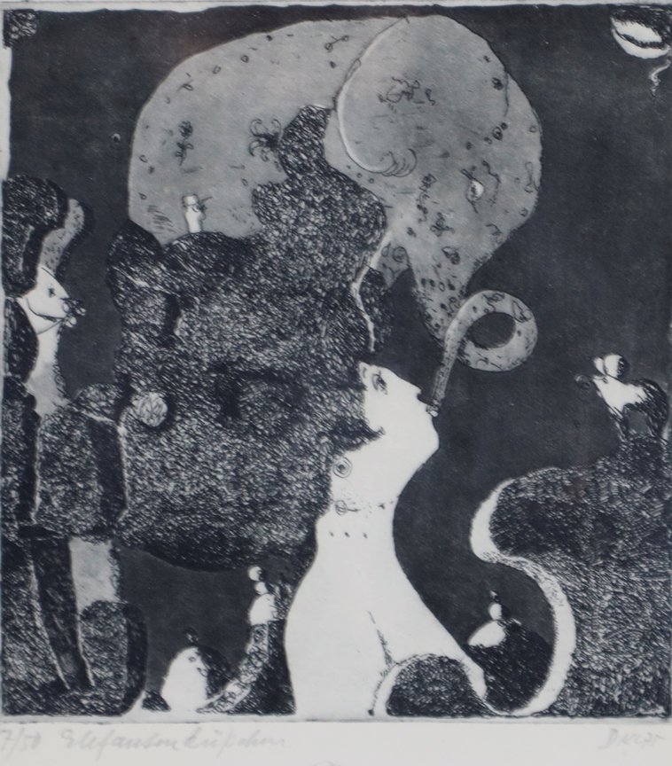 Kliesch, Dieter (1926 Daun - 2013 Wiesbaden)- "Elefantenküßchen", Radierung mit kleiner Handzeichnu