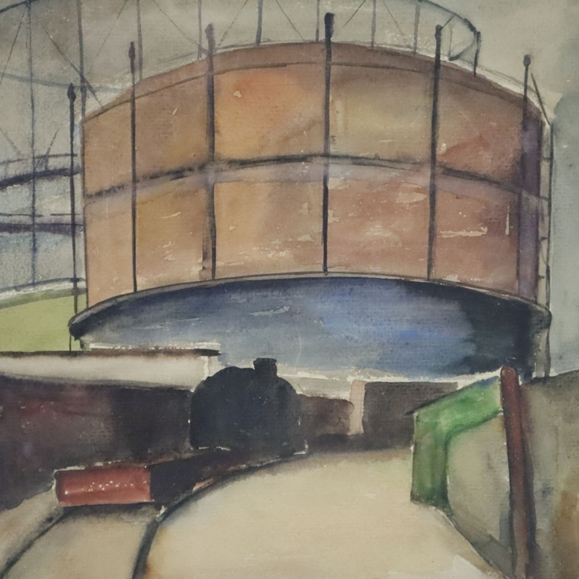 Adler, E. -20.Jh.- Industrielandschaft mit Werksbahn, Aquarell auf Papier, unten rechts signiert „E. - Bild 3 aus 5