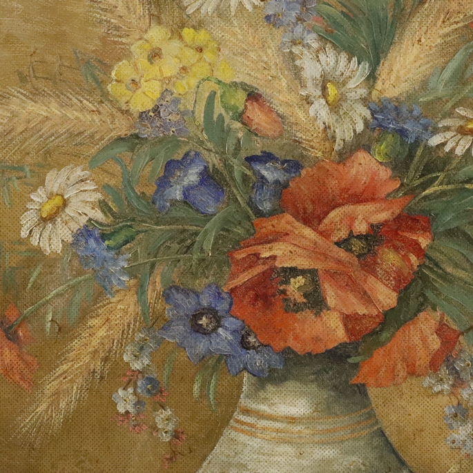 Piva, Franz - 1. H. 20. Jh.- Feldblumen in Vase, rechts unten signiert, Tondo: 70 x 70,5 cm, verso - Image 3 of 9