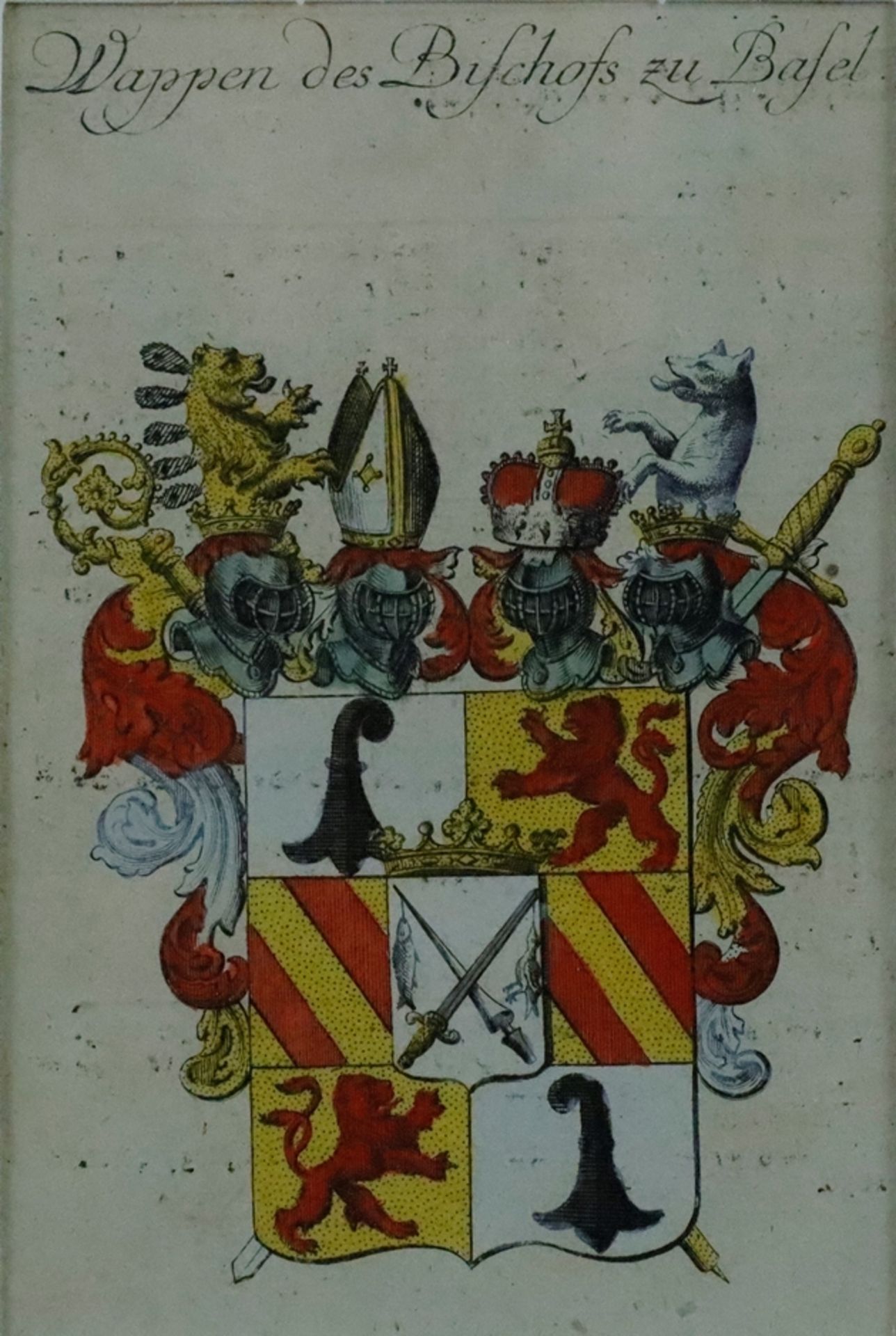 Wappen des Bischofs zu Basel - handkolorierter Kupferstich um 1750, es handelt sich um das Wappen d