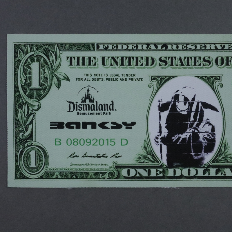 Banksy - "Dismal 1 Dollar Canvas" mit "Grim Reaper"-Motiv, 2015, Souvenir aus der Ausstellung "Dism - Image 2 of 5
