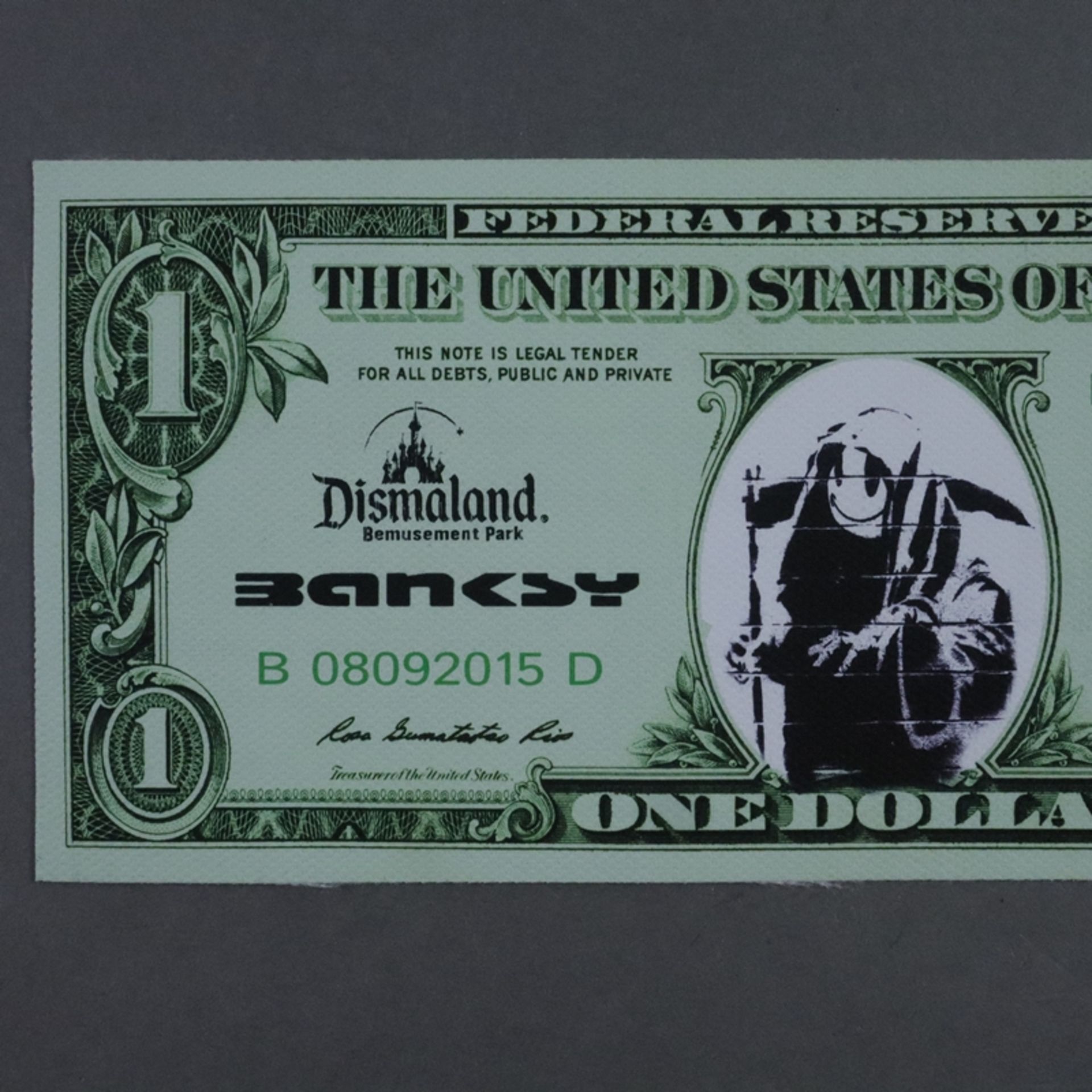 Banksy - "Dismal 1 Dollar Canvas" mit "Grim Reaper"-Motiv, 2015, Souvenir aus der Ausstellung "Dism - Bild 2 aus 5
