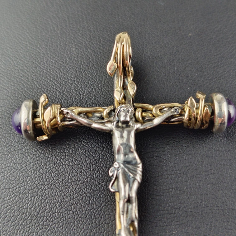 Kruzifix-Anhänger aus Silber und Gold mit Amethystzier - Unikat/Goldschmiedearbeit, Silber/ Gelbgol - Image 2 of 6