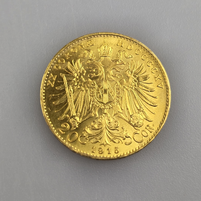 Goldmünze 20 Goldkronen 1915 - Österreich, Kaiser Franz Joseph I., Revers: österreichischer Wappena - Image 2 of 2