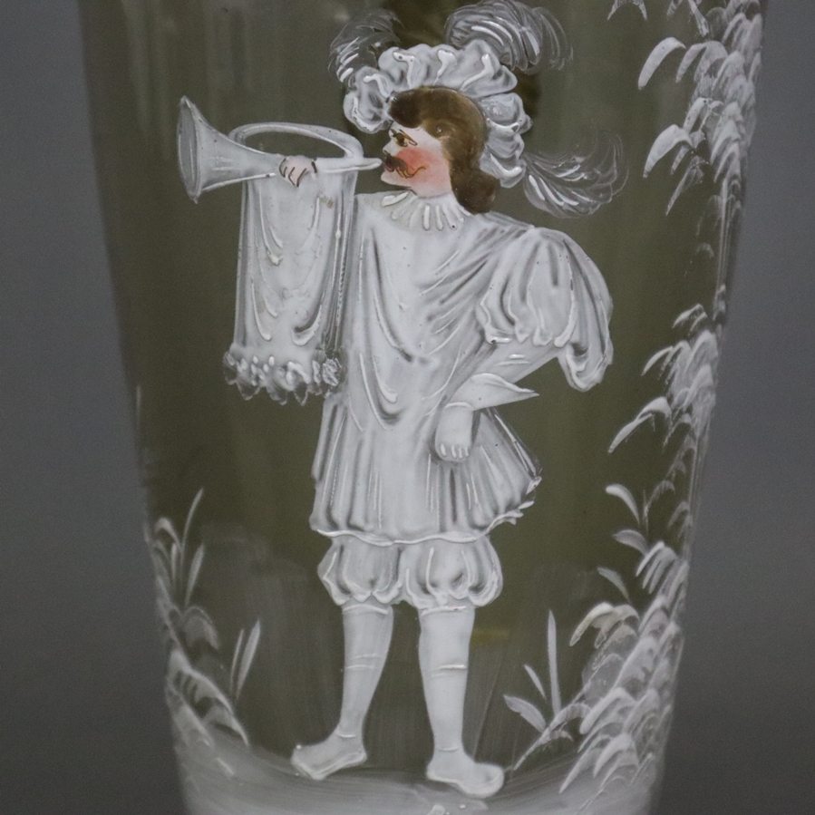 Glaskrug mit Zinndeckel - Ende 19. Jh., olivgrünes Glas, schauseitig Schneemalerei mit Trompeter in - Image 5 of 9