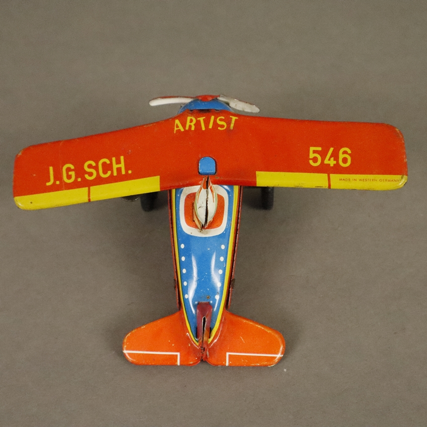 Zwei Blechspielzeuge - 1x Flugzeug "Artist", gemarkt: J.G.SCH. 546 Made in Western Germany, Uhrwerk - Image 6 of 7