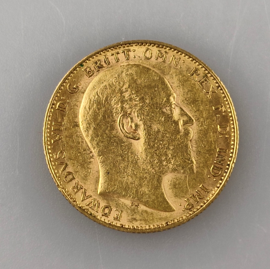 Goldmünze Sovereign 1904 - Großbritannien, Edwardus VII D: G:Britt:Omn:Rex F:D: Ind: Imp., Revers: