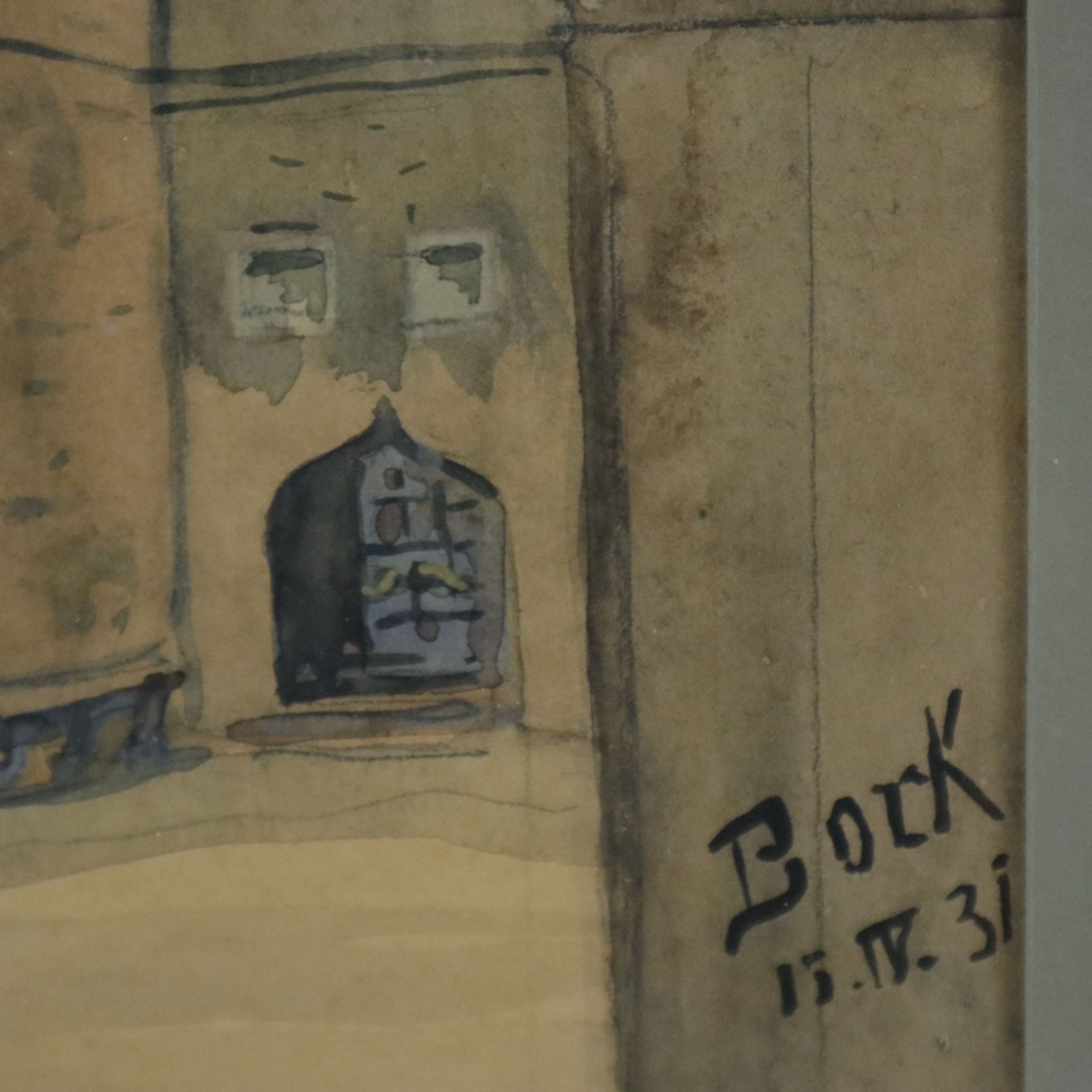 Bock (20. Jh.) - Blick auf das Marburger Rathaus, 1931, Aquarell, unten rechts signiert und datiert - Bild 5 aus 6