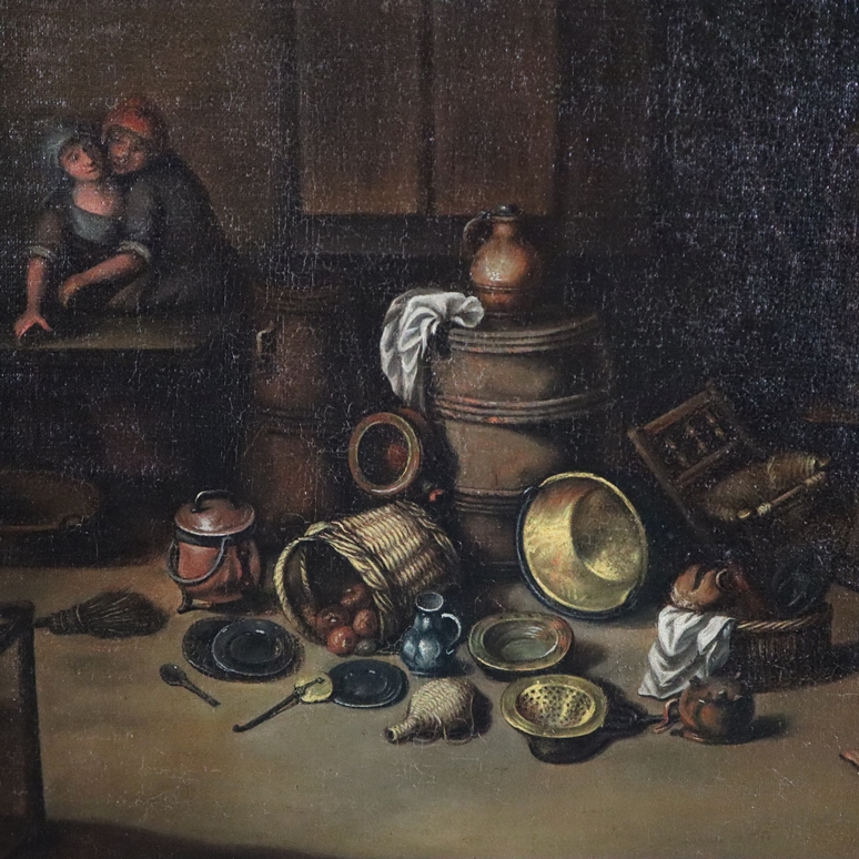 Flämische Schule des 18. Jahrhunderts / Genremaler -- Kücheninterieur mit bäuerlichem Paar beim Têt - Image 5 of 12