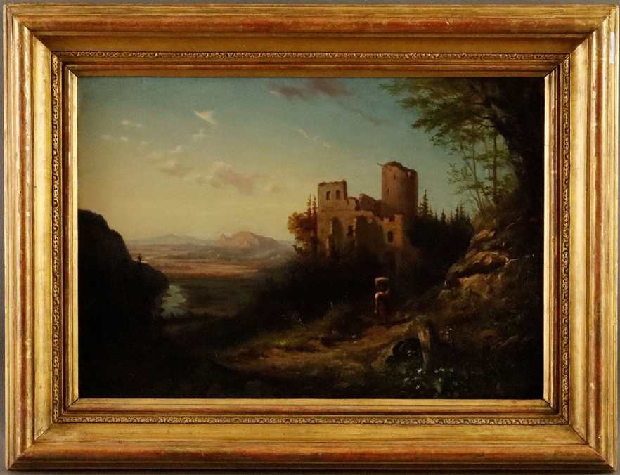 Monogrammist "AR" (19. Jh.) - Romantische Landschaft mit Bäuerin vor einer Burgruine, Öl auf Leinwa