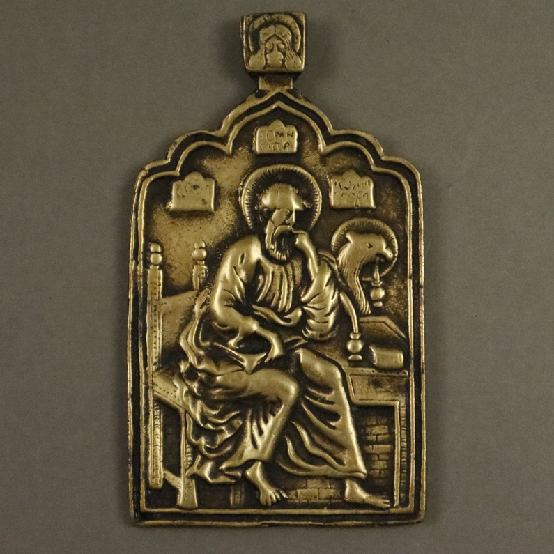 Anhängerikone - Evangelisten Johannes, Russland 18. Jh., Bronze, Reliefguss, bogenförmiger Abschlus