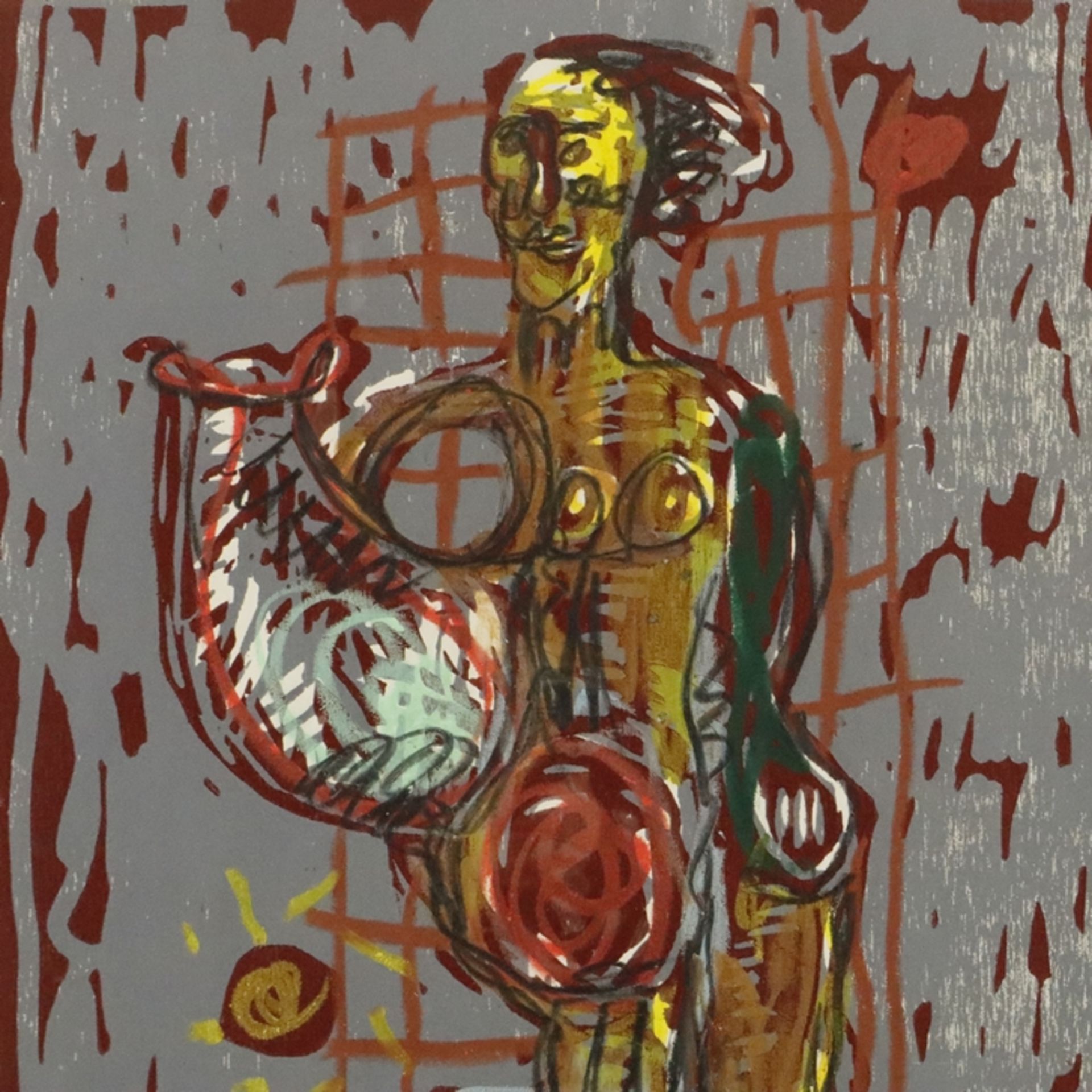 Lüpertz, Markus (* 1941 Reichenberg) - "Frau mit Krug", 1995, handübermalter Holzschnitt (Unikat),  - Bild 3 aus 8