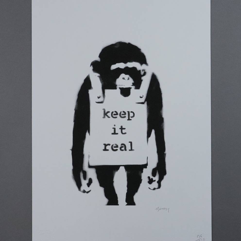 Banksy - "Keep it Real", Lithografie auf Bütten mit zwei Blindstempeln, eins davon "P. O. W. Printm