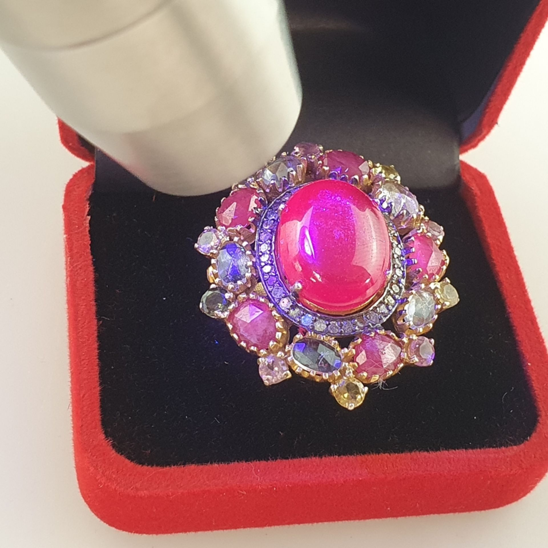 Silberring mit Rubinen, Diamanten und Turmalinen - Sterling Silber 925/000, vergoldet, Besatz mit z - Bild 7 aus 8