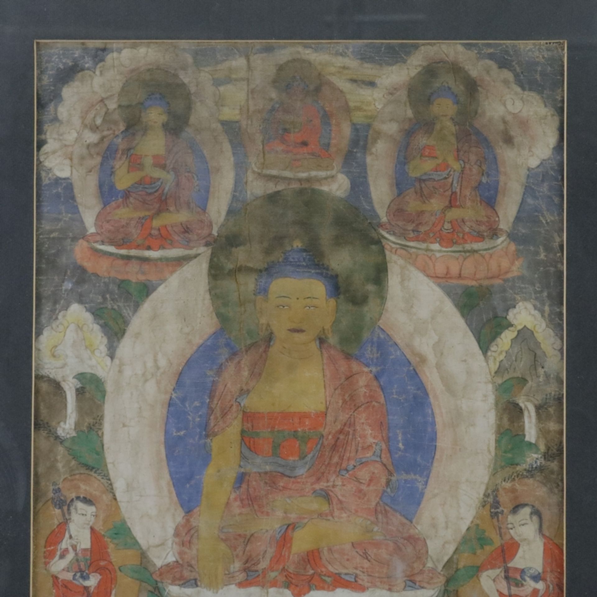 Thangka mit Buddha Shakyamuni - Tibet, 19.Jh., Gouache auf Leinwand, in der Mitte auf einem Lotosth - Bild 3 aus 12