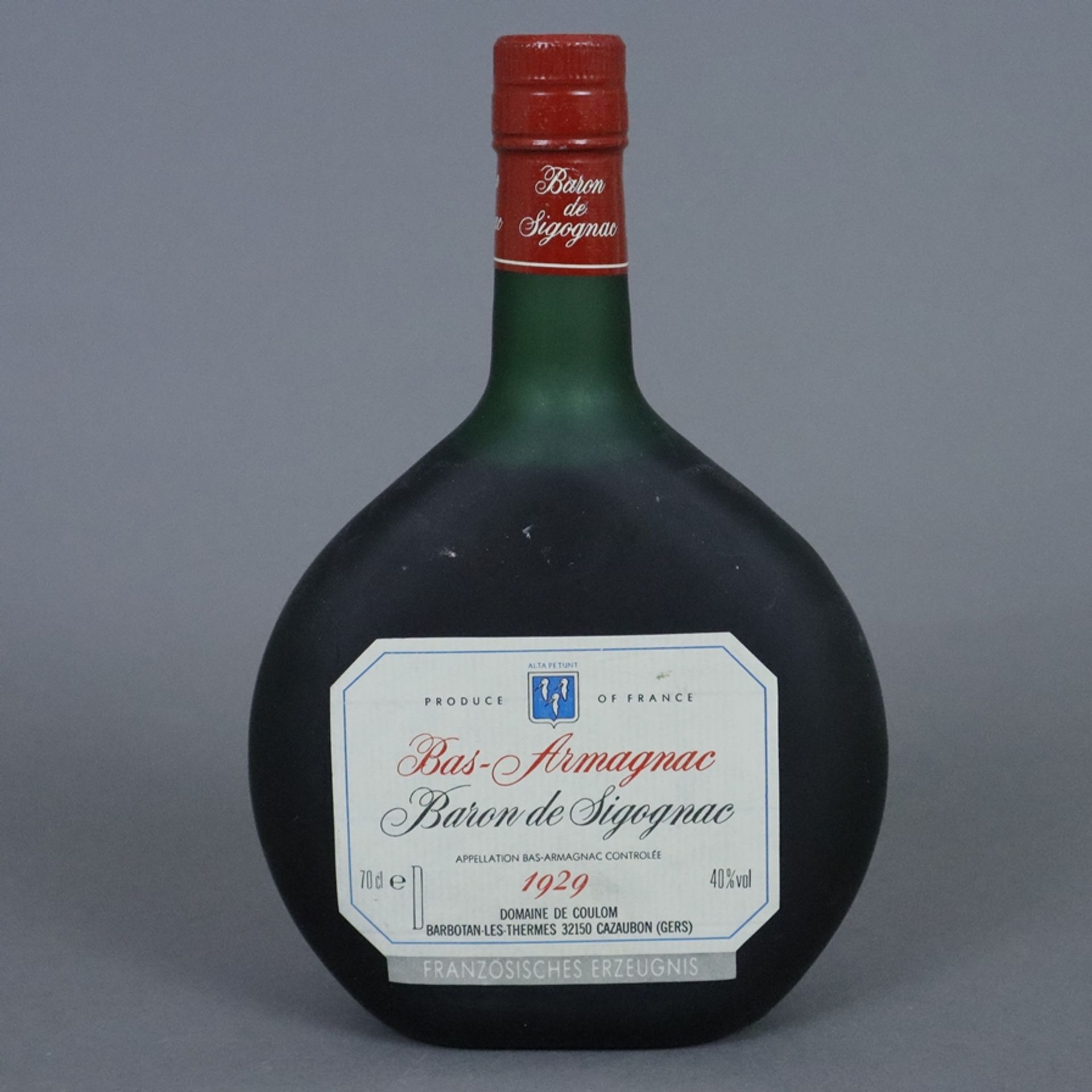 Armagnac - Baron de Sigognac, 1929, Domain de Coulom, France, 70 cl, 40%, Füllstand: Upper Mid Shou