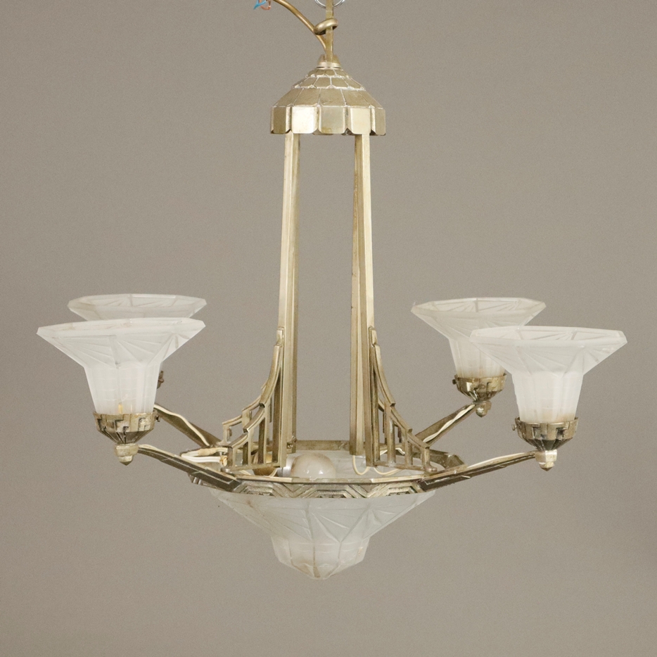 Art Déco-Deckenlampe - Muller Frères, Frankreich, um 1920/30, 5-flammig, Metallgestell, zentral ein