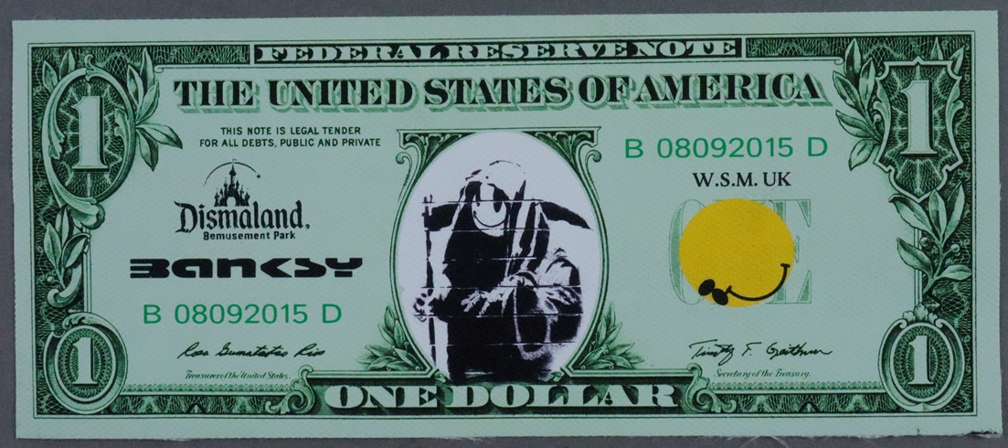 Banksy - "Dismal 1 Dollar Canvas" mit "Grim Reaper"-Motiv, 2015, Souvenir aus der Ausstellung "Dism