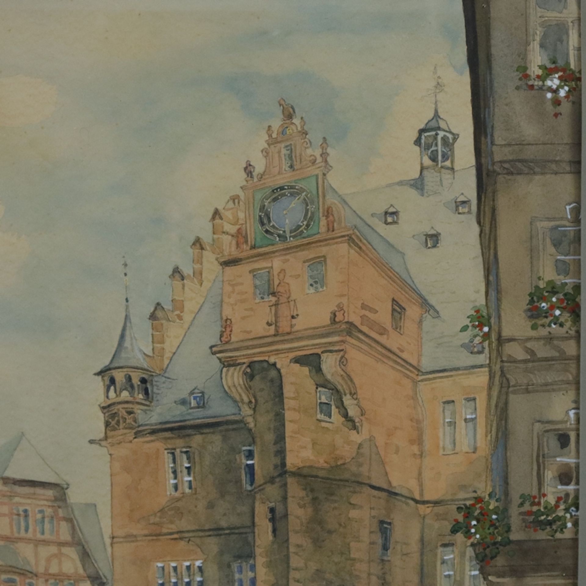 Bock (20. Jh.) - Blick auf das Marburger Rathaus, 1931, Aquarell, unten rechts signiert und datiert - Bild 3 aus 6