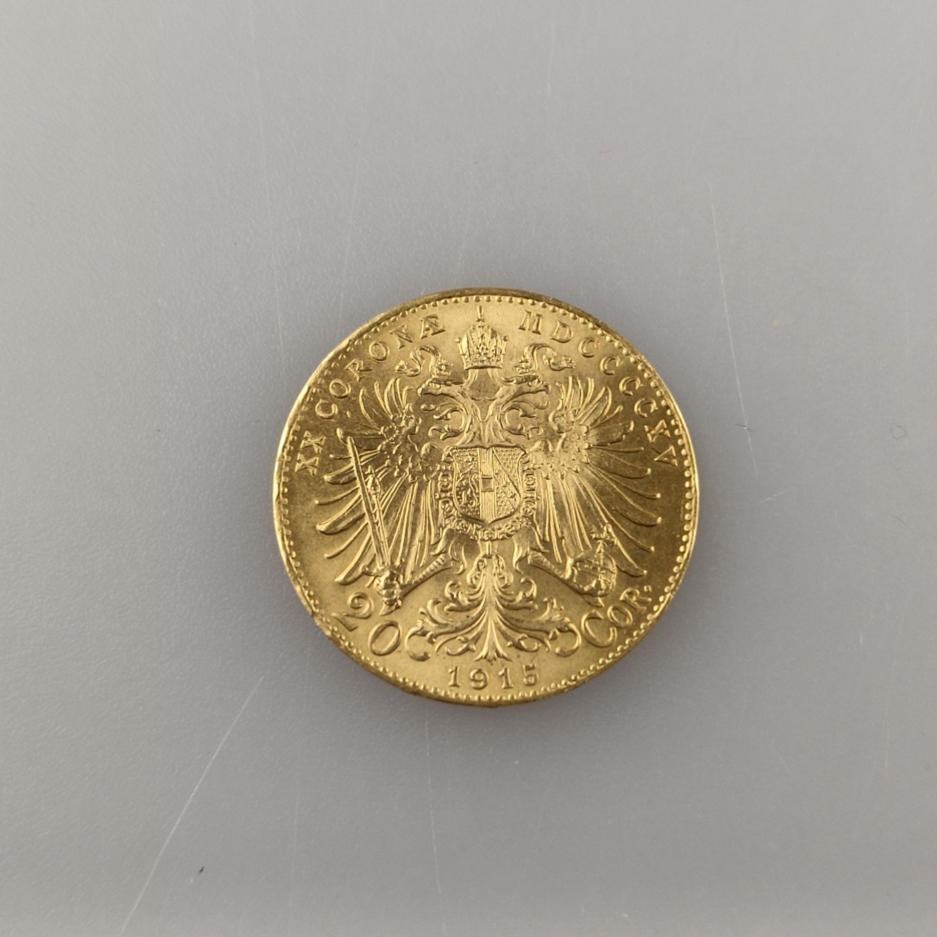 Goldmünze 20 Goldkronen 1915 - Österreich, Kaiser Franz Joseph I, Revers: österreichischer Wappenad - Bild 2 aus 3