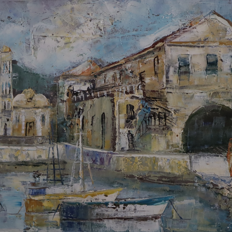 Unbekannter Künstler - "Hvar", 1982, Öl auf Leinwand, unten rechts signiert "Jovanovic", datiert un - Image 2 of 9