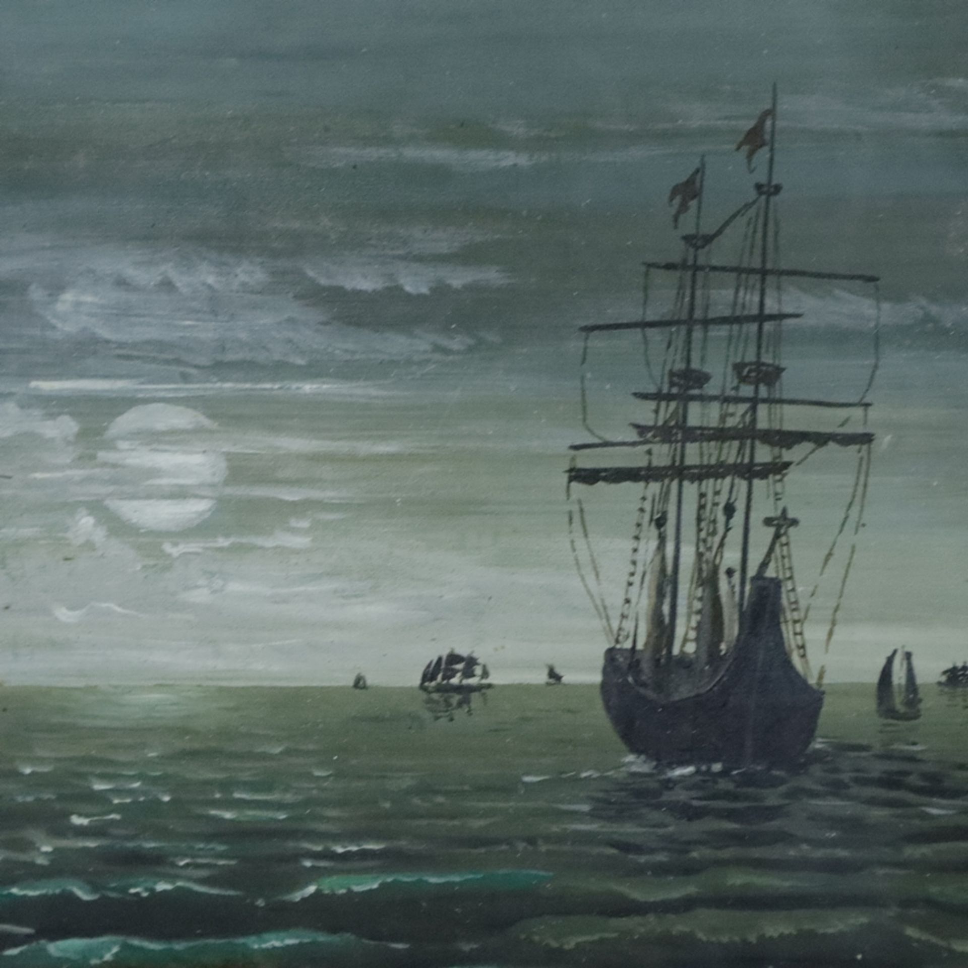 Moravec, E.(?) -20.Jh.- Segelschiffe vor Küstenstreifen bei Nachtanbruch, Aquarell und Gouache auf  - Bild 3 aus 6