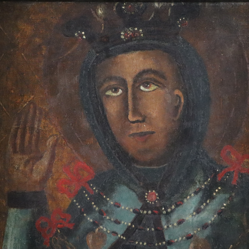 Gekrönte Heilige mit Segensgestus - volkstümliche Darstellung, Öl auf Leinwand, doubliert, Craquelé - Image 3 of 14
