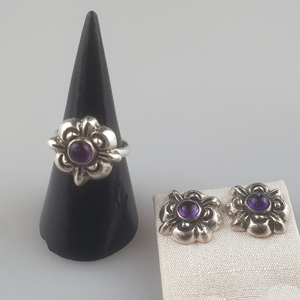 Schmuckset Ring & Paar Ohrstecker - Sterling Silber, gestempelt "925", als stilisierte Rosenblüten