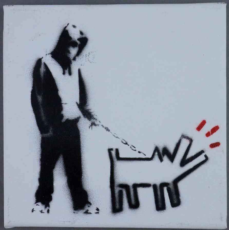 Banksy - "Dismal Canvas" mit Motiv "Haring Dog", 2015, Souvenir aus der Ausstellung "Dismaland" in