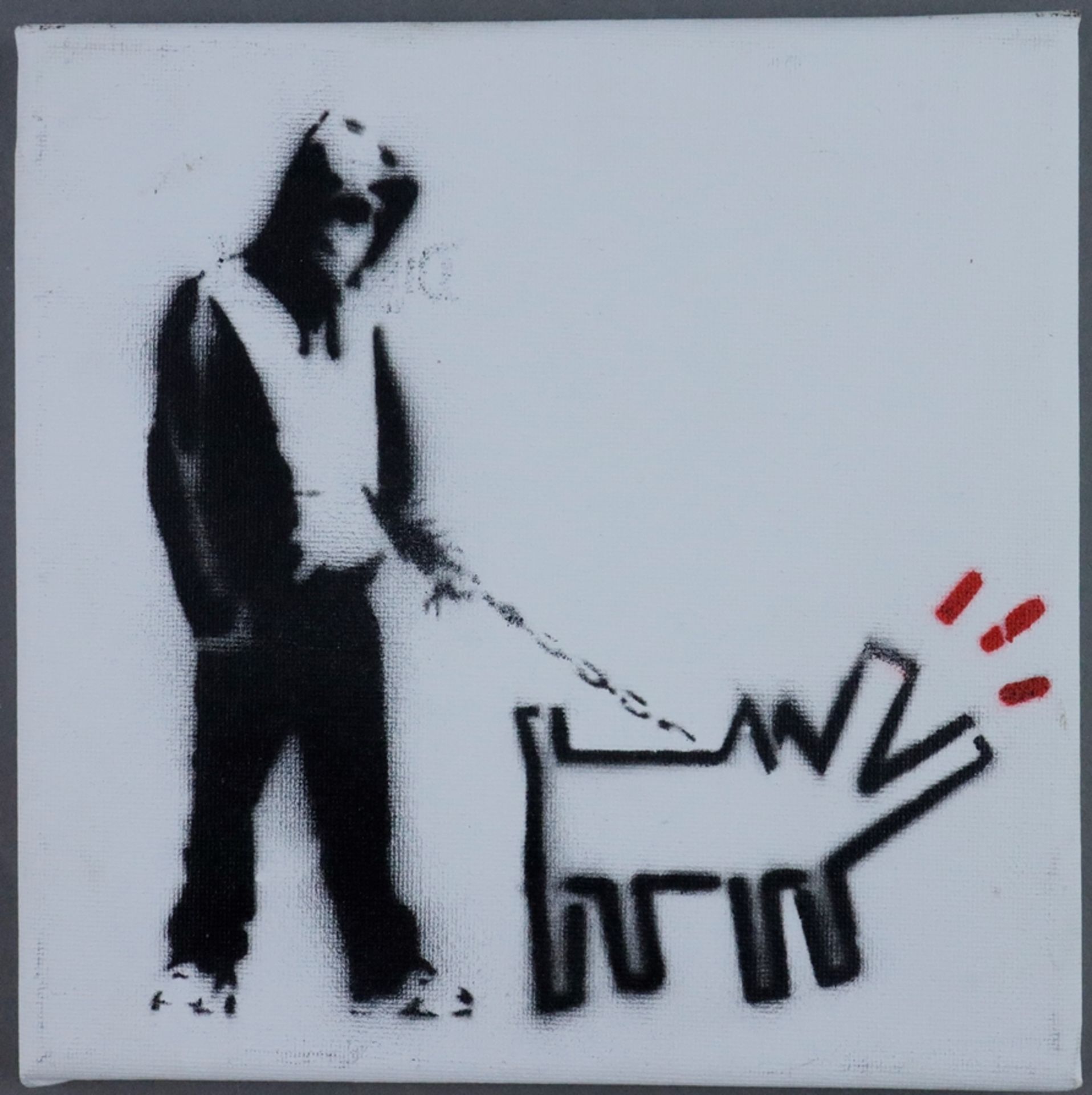 Banksy - "Dismal Canvas" mit Motiv "Haring Dog", 2015, Souvenir aus der Ausstellung "Dismaland" in 