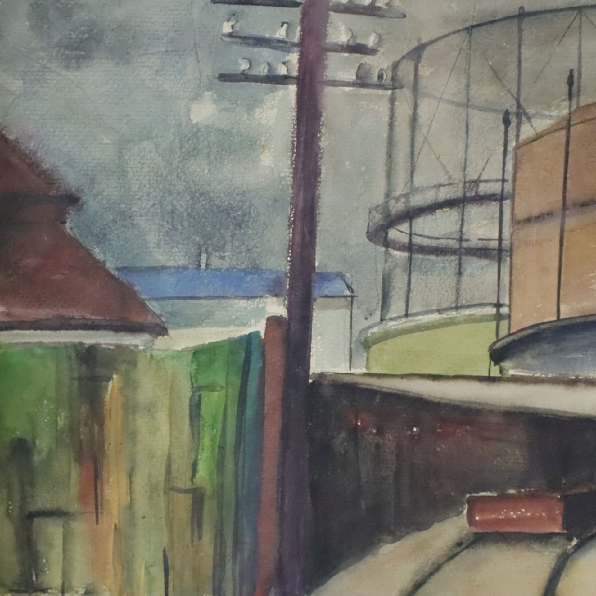 Adler, E. -20.Jh.- Industrielandschaft mit Werksbahn, Aquarell auf Papier, unten rechts signiert „E. - Bild 4 aus 5