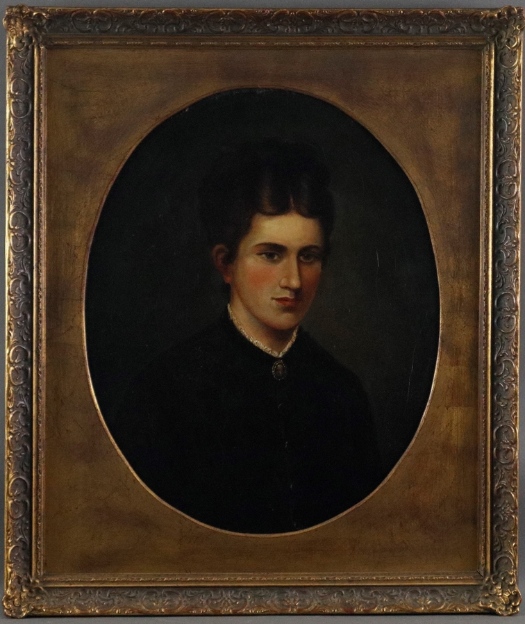 Unbekannte/r Bildnismaler/in (19. Jh.) - Ovales Brustbildnis einer jungen Frau in schwarzem Kleid m