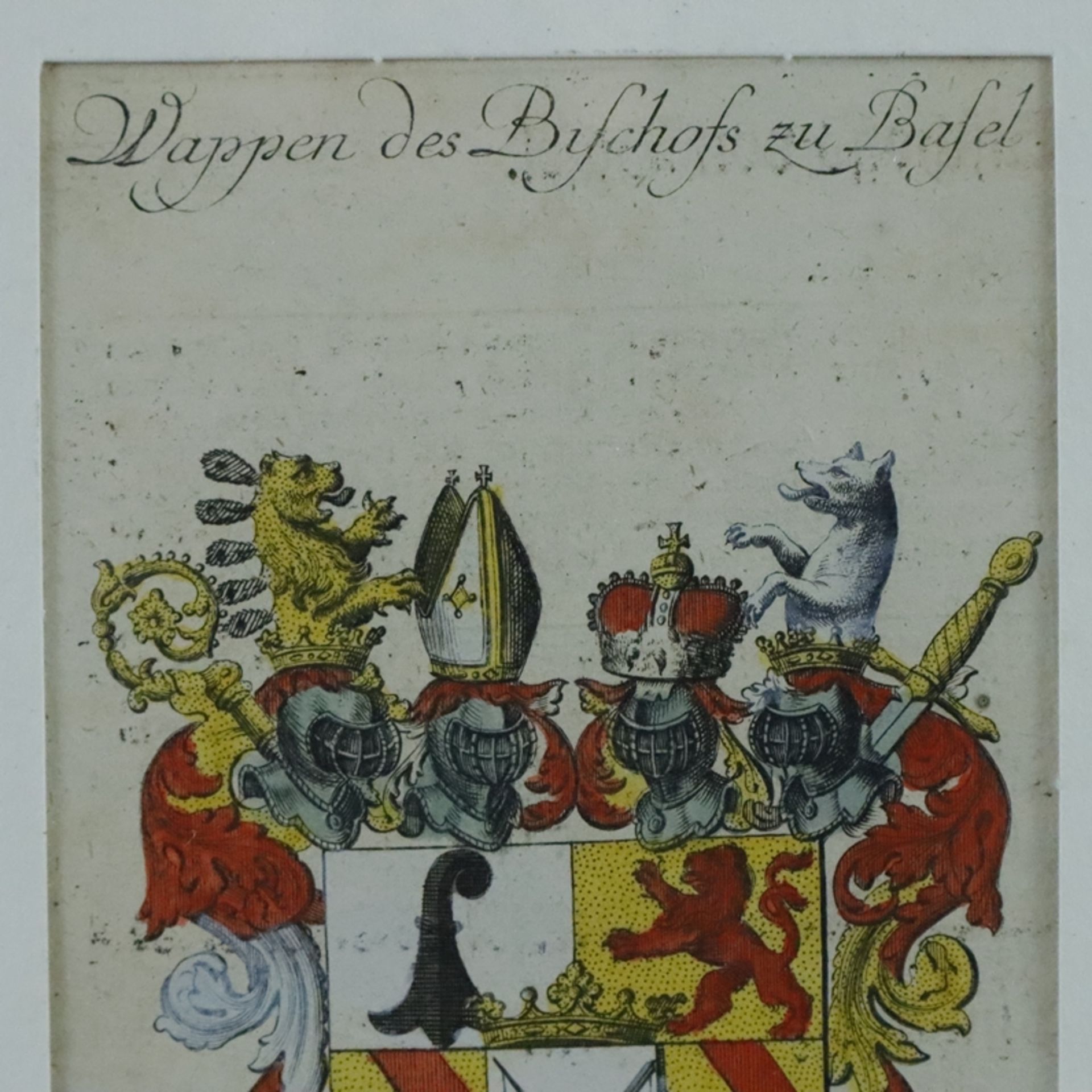 Wappen des Bischofs zu Basel - handkolorierter Kupferstich um 1750, es handelt sich um das Wappen d - Bild 4 aus 4