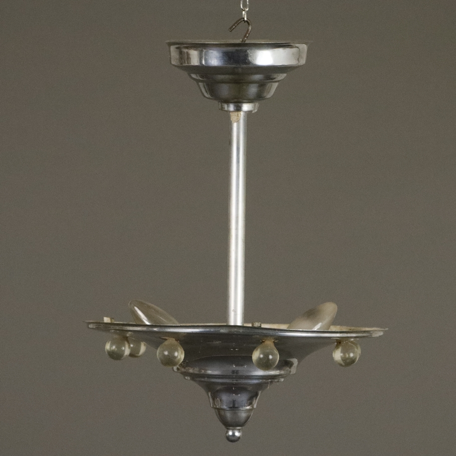 Art Déco-Deckenlampe - wohl Frankreich um 1920/30, trichterförmige Metallschale mit umlaufendem Gla